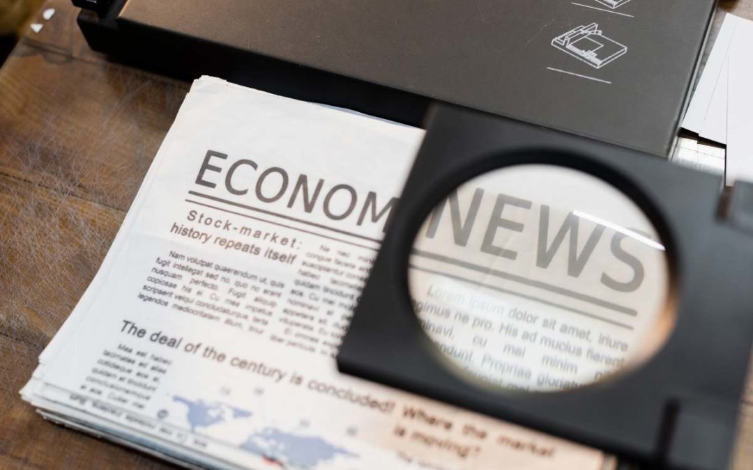 Magnifying glass over economic news headlines, highlighting the impact of Presidential election and inflation trends on market volatility