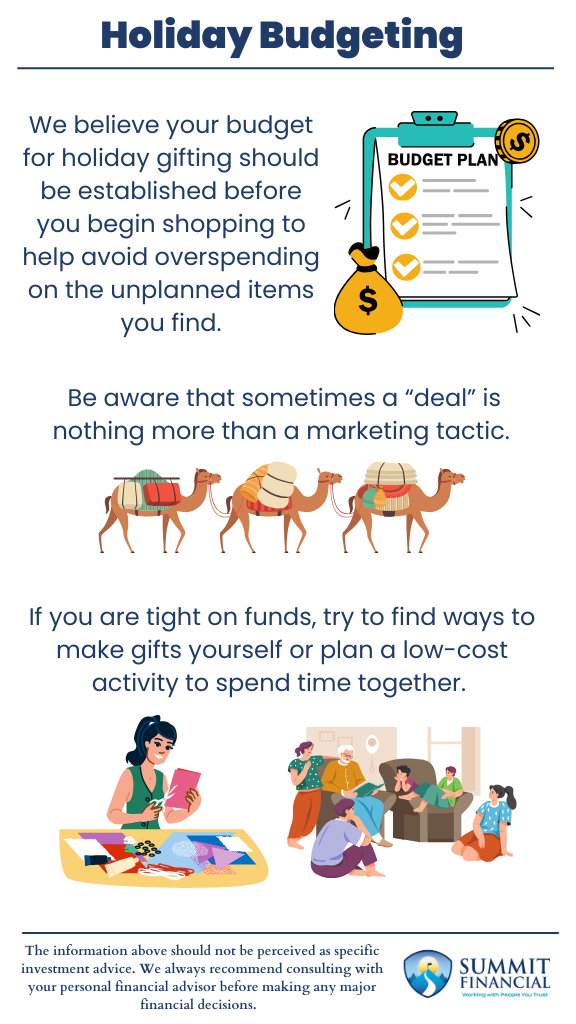 Holiday budgeting infographic listing three key tips: set your gift budget before shopping, be cautious that some sales are marketing tactics, and consider homemade gifts or low-cost activities when funds are tight